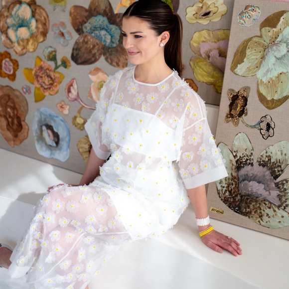 White Top and Maxi Skirt Set with Embellished Appliqué Flowers - Picture 5 of 7